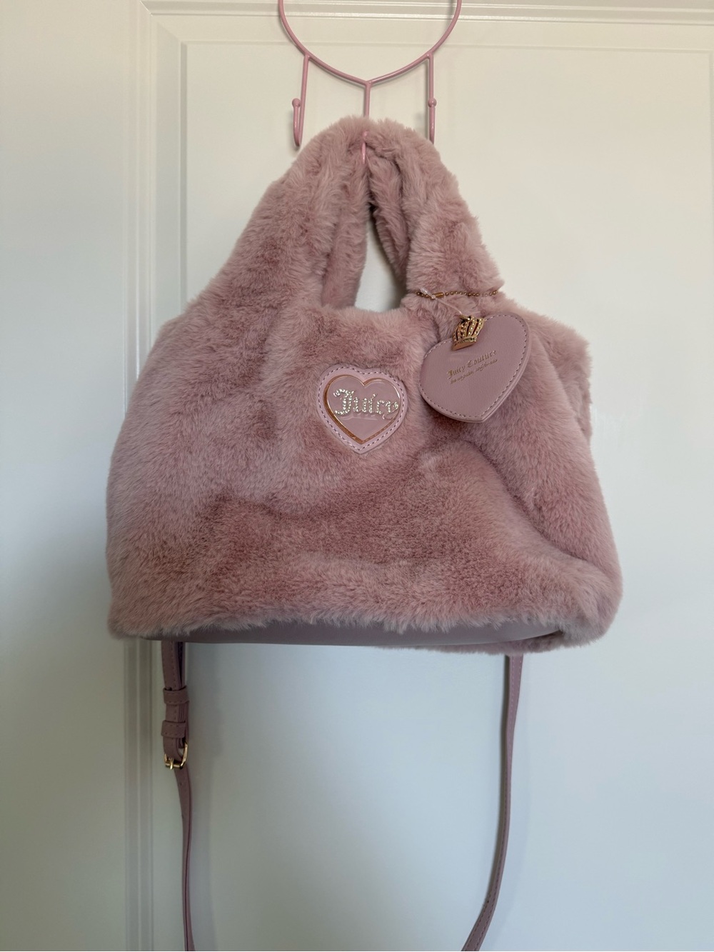 Juicy Couture light Pink Faux Fur Shoulder Bag with Heart Charm.